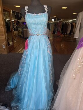Johnathan Kayne Iridescent Aqua Blue Sequin Tulle Gown